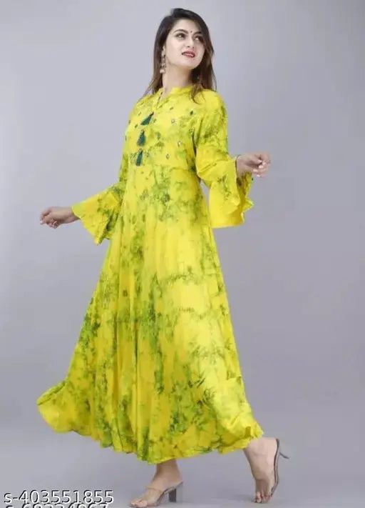 Long yellow kameez with tie dye pattern, floor-length anarkali style kurti