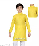 Yellow striped cotton long sleeve kurta for kids, size 4-5 years, Indian traditional clothing on hanger
