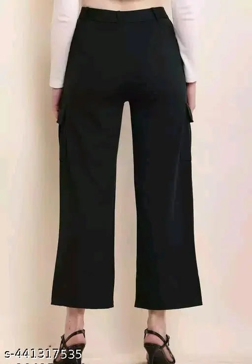 Black cargo pant, 11 pocket pant, solid material, wide-leg, casual style.
