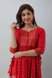 Gold print, long-sleeved anarkali dress with embroidery, red border