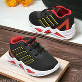 Red and black sports shoes with white soles, suitable for active children