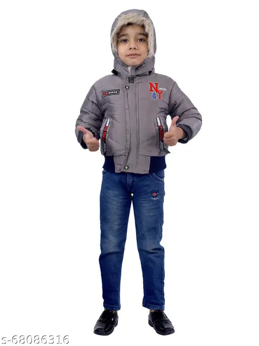 Black winter hooded jacket with fur trim, suitable for boys