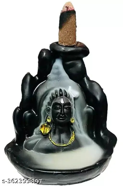 Matte black resin Adi Shankara figurine with smoke fountain and back flow cone, Indian Adiyogi Dhyana Mudra statue on display