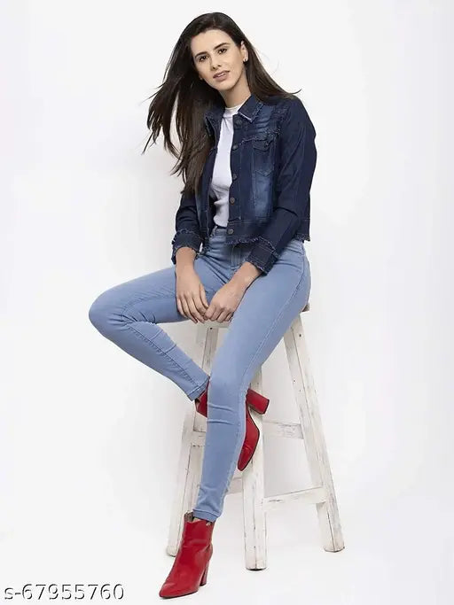 Dark blue denim women's ruff look jacket, long sleeves, solid design, classic wardrobe essential