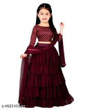 Maroon embroidered kid's lehnga choli set, long-sleeved satin top and net dupatta with ruffle design, size 10-11 years, Indian semi-stitched fashion
