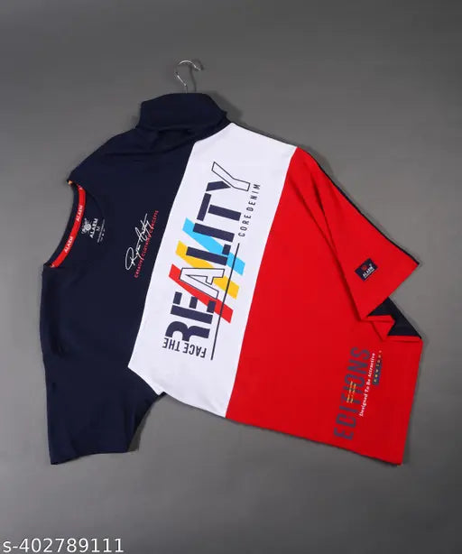 Men's Premium 100% Super Combed Cotton Rich Printed Blue White & Red Round Neck Half Sleeve T-Shirt