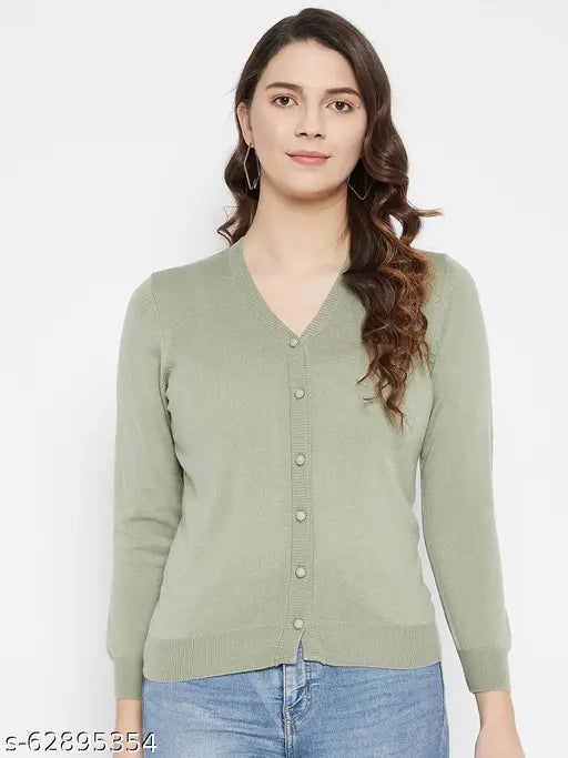Woolen, super warm & soft V-neck full sleeves cardigan, solid design, straight hem on mannequin