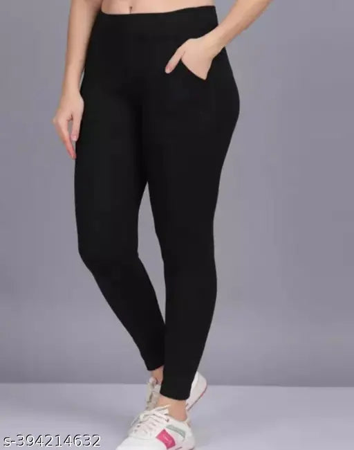 Cotton blend DRSTI women's pok-2 jeggings in solid style, black and red color options, sizes 28-34 and free size