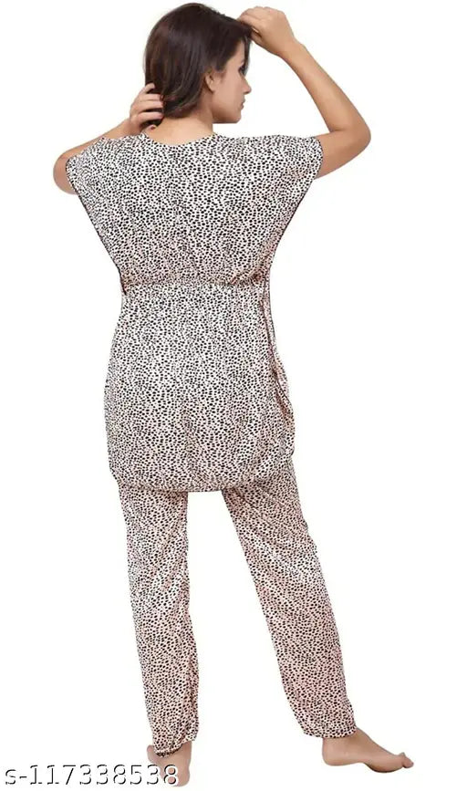 Cheeta print satin kaftan night suit top pyjama set, stylish and comfortable loungewear for relaxing or sleeping