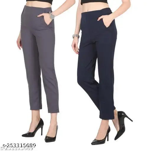 Dark blue elasticated waistband retro style cross pocket trousers for women and girls, pack of 2