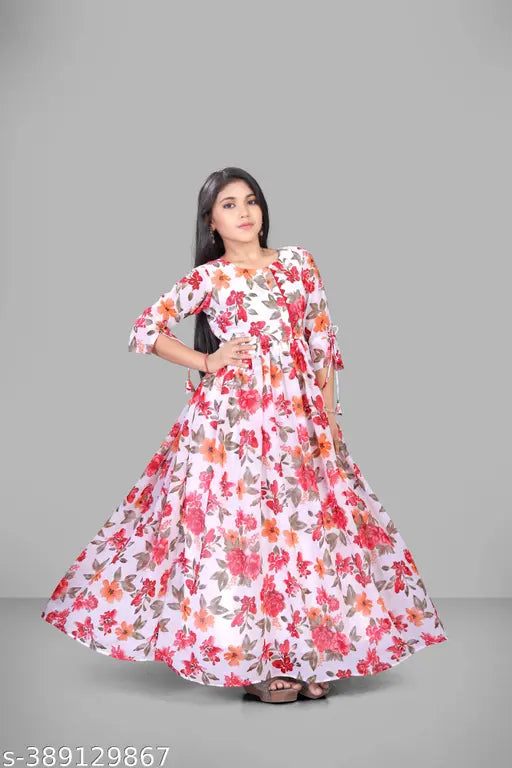 Cotton blend kids gown set with bangle and slippers - elegant party wear for girls aged 12 years, Indian design