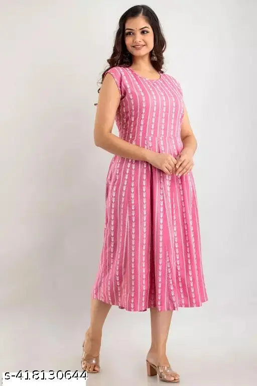 Rayon sleeveless printed Anarkali kurta for women, vibrant Indian fashion on model
