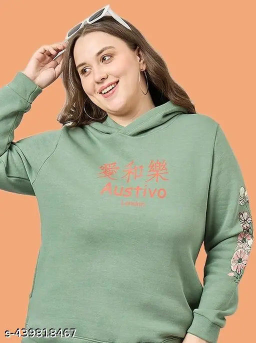 Olive green printed graphic fleece sweatshirt for women, featuring long sleeves and hood