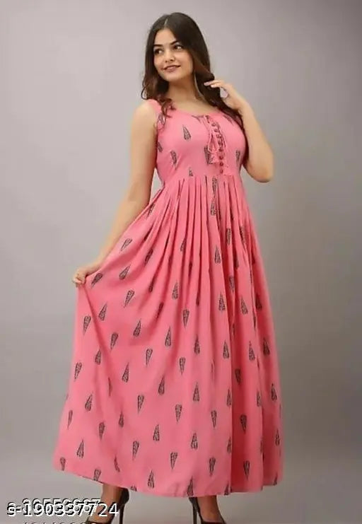 Pink rayon maxi dress with bold pattern