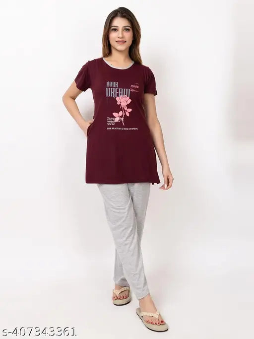 Printed cotton night suit, women's full length summer wear by Kvetoo