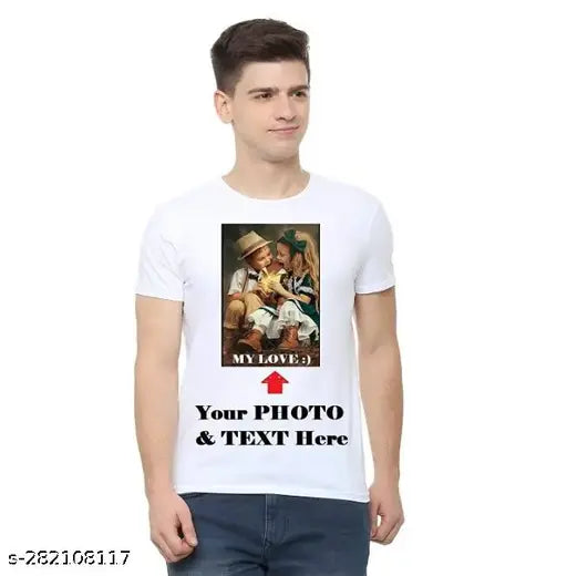 White Polycotton personalized photo text t-shirt for infants, kids, boys & girls. Custom A4 print on front, regular fit