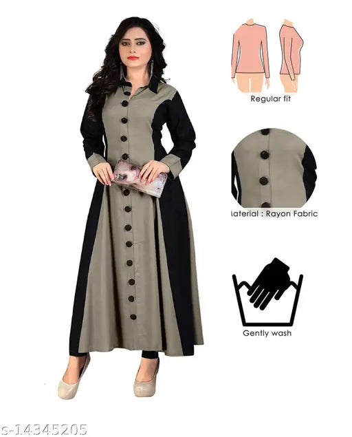 Cement Black flared Kurta: Rayon blend, colorblocked, long sleeves, 12-button design for versatile Indian fashion. Easy care instructions, suitable for multiple occasions. Made in India