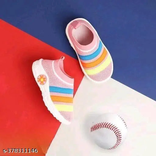 Multi-colored sports slippers with white sole, pink and blue striped shoe lace