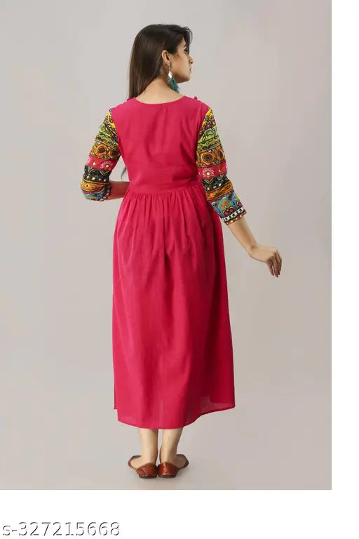 Rayon long full print kameez dress, red color