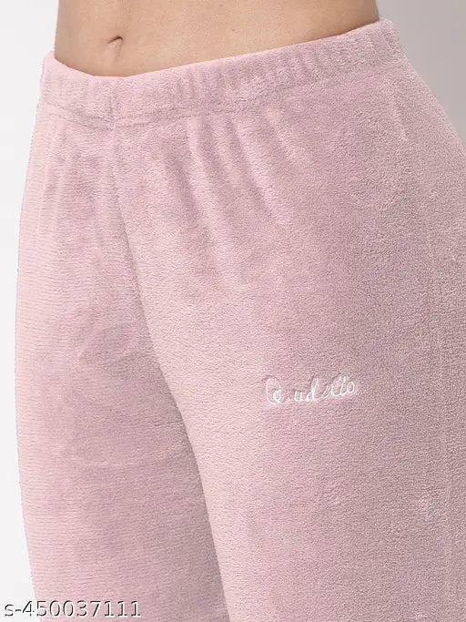 Women's pink solid woolen night suit set, long sleeve, wool bottom, pyjama top - Indian-made women's winter wear