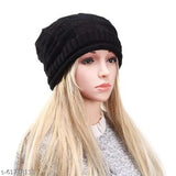 Black slouchy wool beanie cap for women