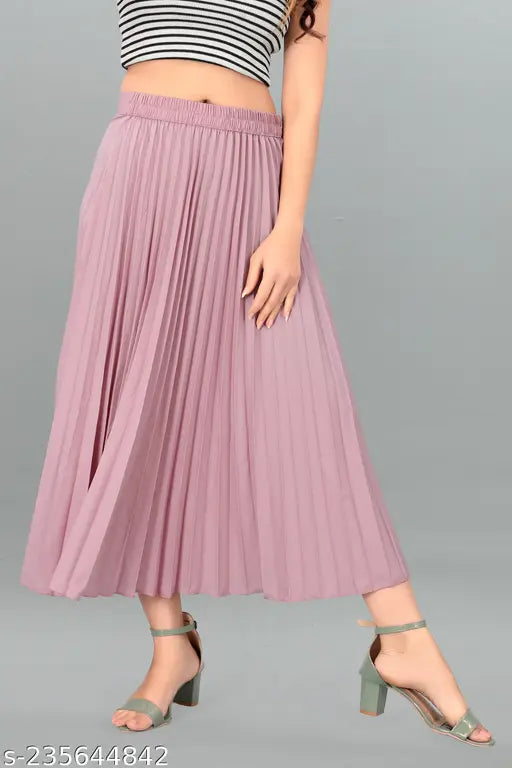 Pink satin skirt with high waist and pleated design