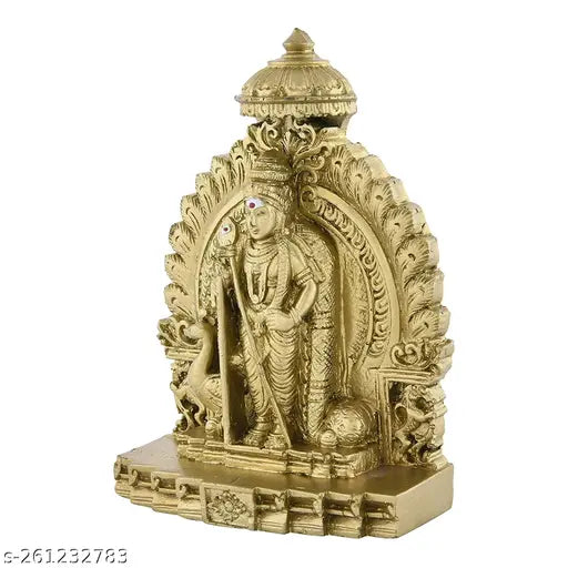 Golden Synthetic Resin Murugan Idol with Vel Peacock, 10cm tall, Indian origin