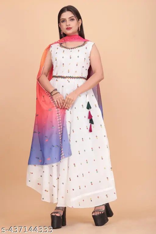 Sleeveless printed chanderi cotton gown & dupatta in georgette fabric, women's style for college & office life, high-quality Indian-made