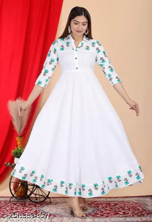 White printed viscose rayon flared kurta with three-quarter sleeves, featuring vibrant ethnic patterns from DARGU - Indian traditional style women's kurti on display. Sizes available: S (36"), M (38"), L (40"), XL (42"), XXL (44")