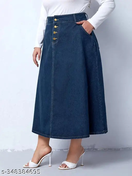 Navy Blue Plus Size Buttoned A-Line Maxi Denim Skirt - Lightweight, home washable denim skirt for all body types, trendy & comfortable maxi skirt from India (Size 26-46)