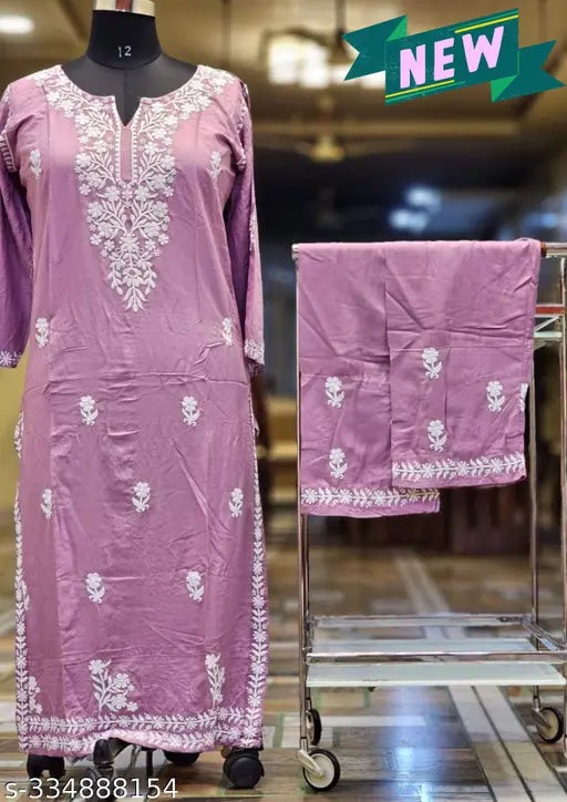 Rayon Chikankari Work Kurta with Plazzo, embroidered net embroidery, three-quarter sleeves and palazzos bottomwear