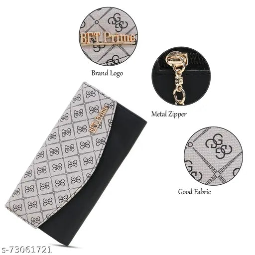 Black clutch wallet with metal zipper, fabric with a logo, and a chain in a case