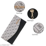 Black clutch wallet with metal zipper, fabric with a logo, and a chain in a case