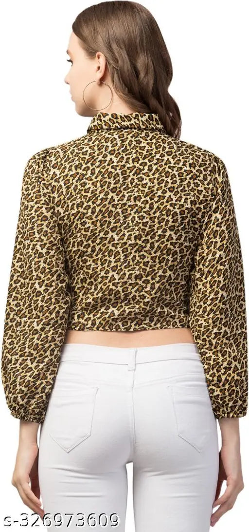 Long-sleeve printed net coller crop top for women, size S (38in bust, 20in length), made in India