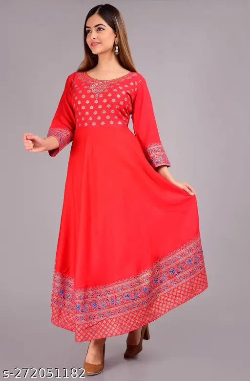 Rayon printed women's anarkali kurta with three-quarter sleeves, vibrant Indian fashion design