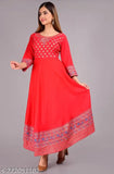 Red rayon printed anarkali kurta for women