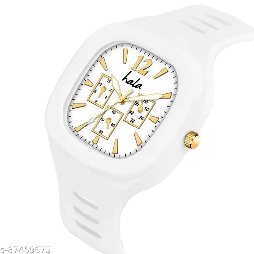 White watch with gold hands and numerals, digital display reading '12:45', 3 subdials