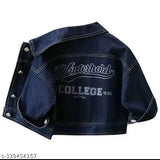 A denim jacket with a 'college' emblem on the back and 'whitewood' logo in navy blue
