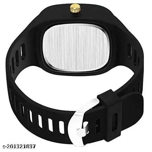 Black classic design analog watch, genuine leather strap, multi-squared face with silicone coating, fashionable boys' watch, mens' multi-function day month date watch