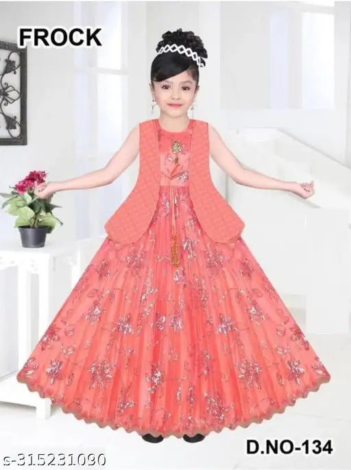 Embellished net short sleeve gown, stylish for 5-6 years old girls. Ethnic Indian dress for beautiful girls