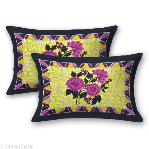 Colorful Jaipuri Printed Pillowcases - 100% Cotton, Yellow, Floral Design