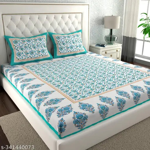 100 Cotton Jaipuri Printed Bed Sheet Combo Pack, White, Blue, with Pillow Covers