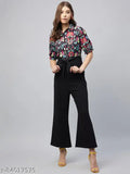 Black denim women's shirt collar jumpsuit with printed net pattern, short sleeves, India origin