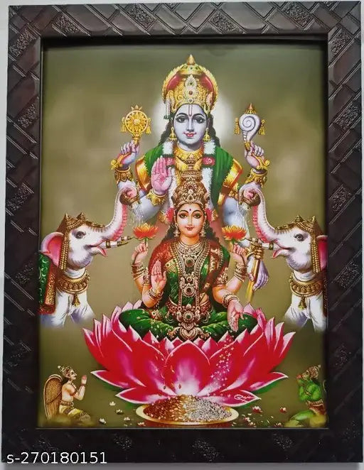Synthetic resin Balaji Lord Vishnu Lakshmi Devi photo frame, Indian deity artwork on display