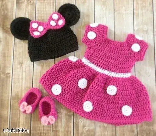 Handmade pink wool sweaters for girls pack of 3, self-designed with short sleeves, sizes 6-9, 6-12, and 12-18 months, made in India