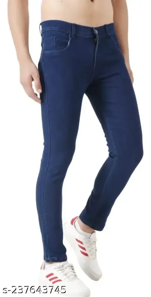 Dark blue stretchable denim men's slim fit jeans, high-quality solid print, mid-rise, 5-pocket design