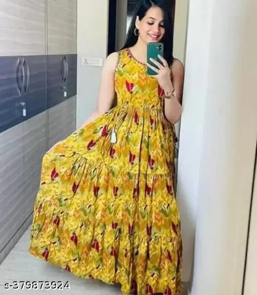 Yellow, floral patterned sari with long skirt length