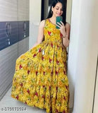 Yellow, floral patterned sari with long skirt length