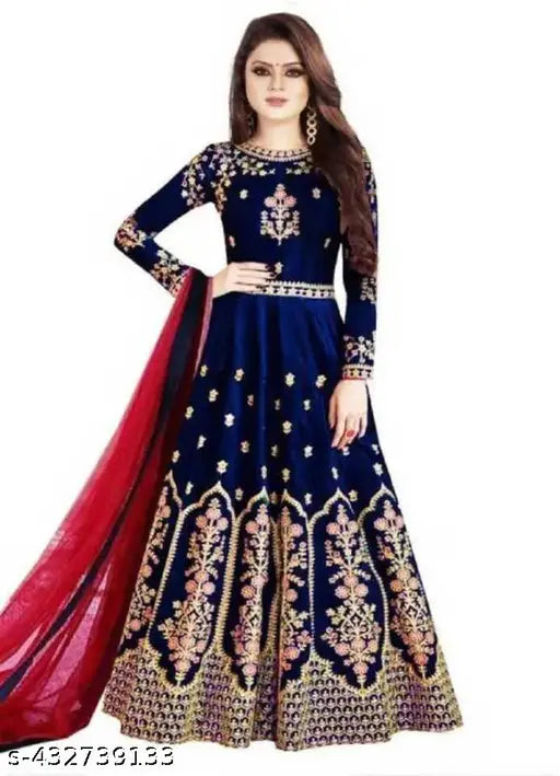 Silk embroidered elegant gown with dupatta, trending Bollywood-inspired party wear for women