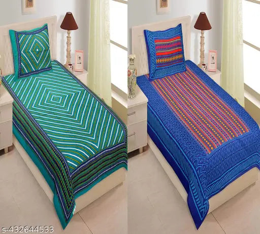 Geometric-patterned cotton flat sheets combo pack (2 bedsheets + 2 pillow covers), ideal for summer, by VNV Creation